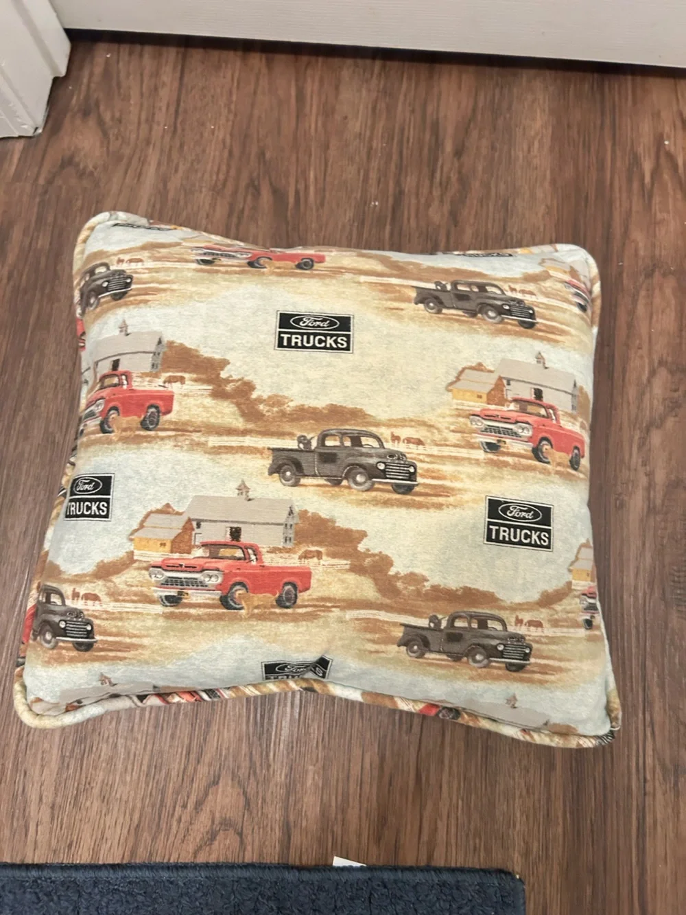 Source Unknown Beige and Red Ford Trucks Accent Pillow